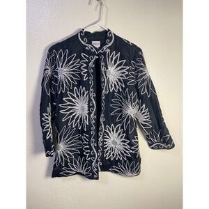 Chicos Silk Embroidered Jacket Size 2 (Large) Black Floral Mandarin Collar